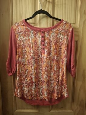 Bit & Bridle Pink and Orange Abstract Henley Long Sleeve Top